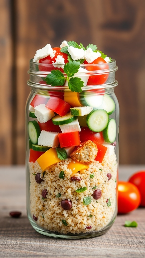 Mason jar salad with quinoa, chicken, bell peppers, tomatoes, and cucumber, topped with feta cheese and parsley.
